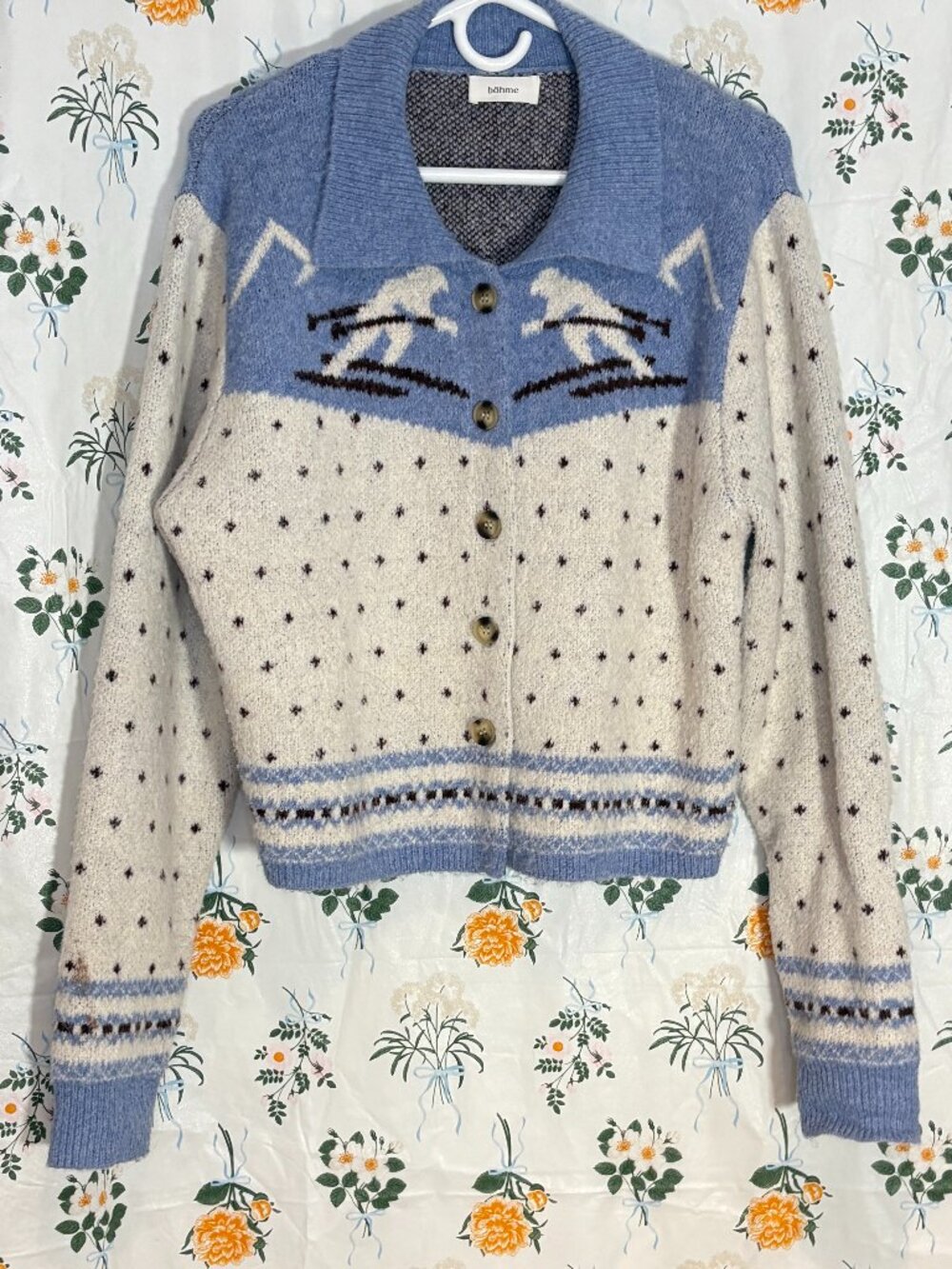 Böhme Blue Western Fuzzy Knit Cardigan Sweater Size L